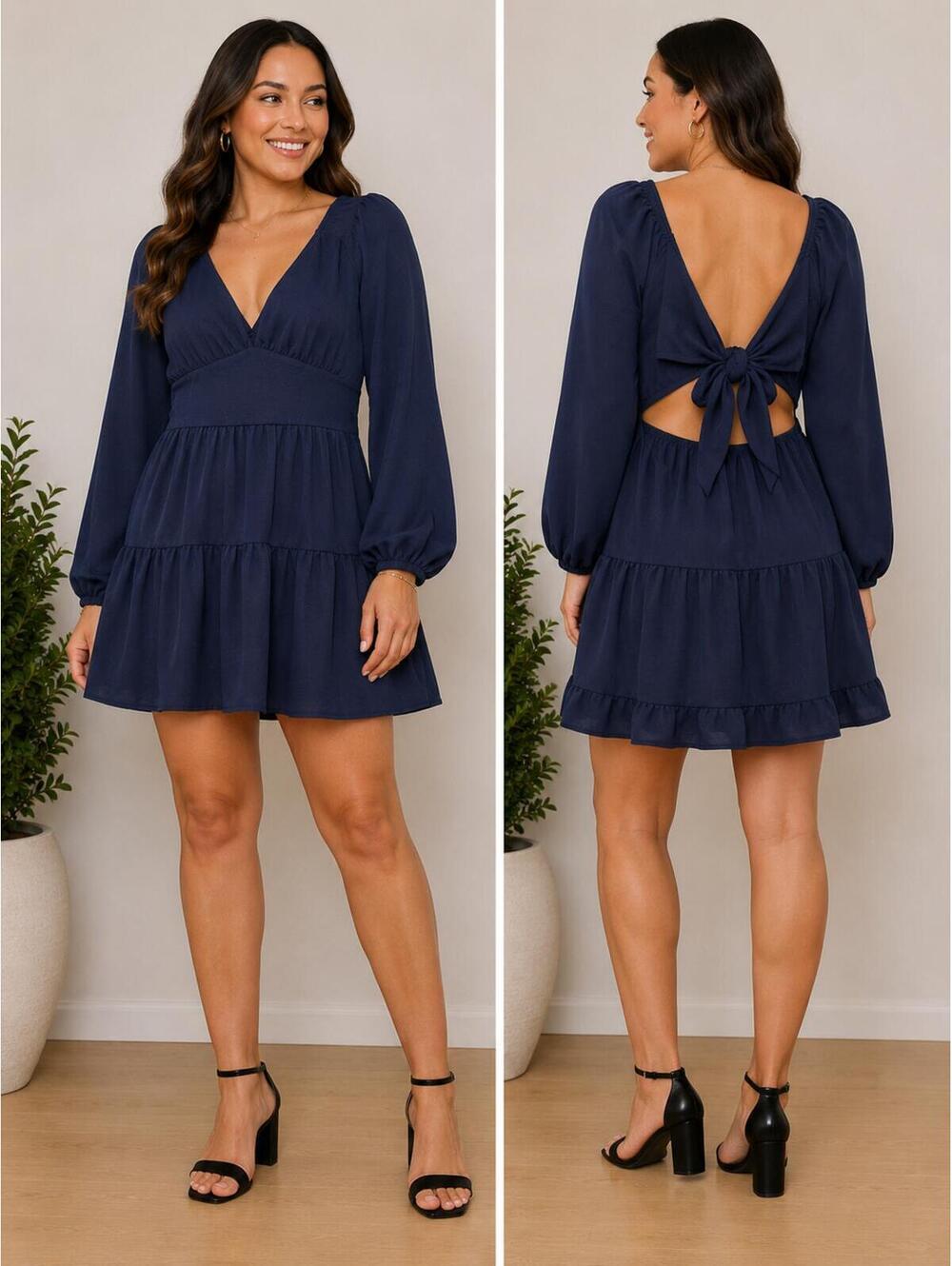 Altar'd State Navy Tiered Long Sleeve Tie-Back Mini Dress Size M